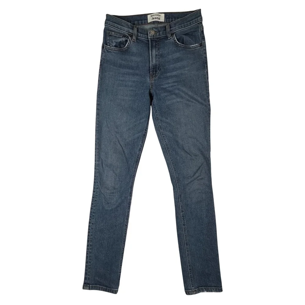 Reformation Mid Skinny Jeans Womens 26x29 Blue Rhine Wash Stretch Made in USA - Picture 1 of 14